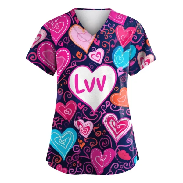 Women's Valentine's Day Printed  Uniform Work Uniform V-Neck Pocket Protective - Image 38