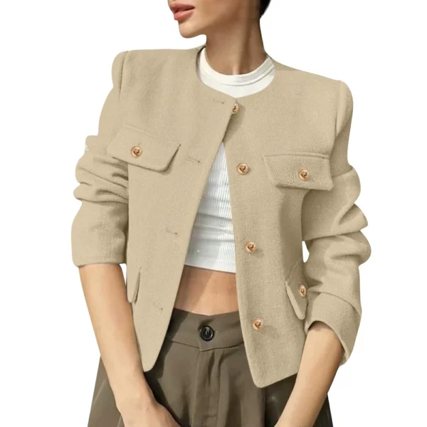 Women's Solid Color Round Neck Fashionable Button Decorated Short Jaket - Image 4