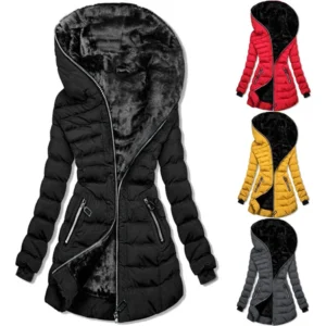 Women's Hooded Warm And Cotton Jacket With Pockets Long Zipper Jacket Cotton