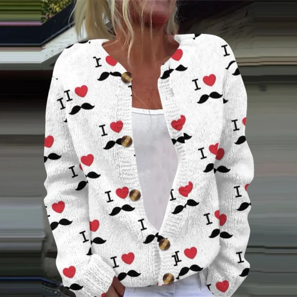 Women's Fashion Printed Valentine's Day Long Sleeved Knitted Cardigan Button - Image 25