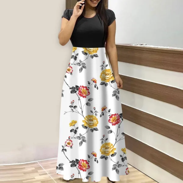 Women's Fashion Casual Loose Printed Round Neck Short Sleeve Long Dresses - Image 37