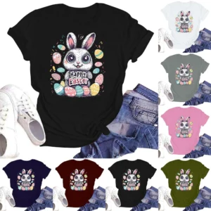 Happy Easter Women's Fashion Printed Round Neck Short Sleeve T-Shirt Pullover