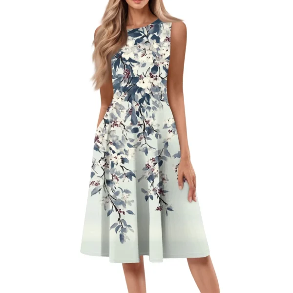 Women's Casual Fashion Floral Print Round Neck Sleeveless Solid Color Midi Dress - Image 7