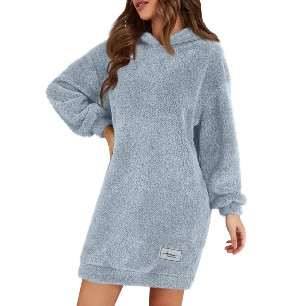 Women's Fashion Hooded Long Sleeve Plush Dress Solid Color Casual Sweatshirt - Image 6