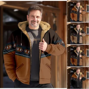 Men's Winter Print Jacket Men's Casual Trend Zipper Hooded Jacket