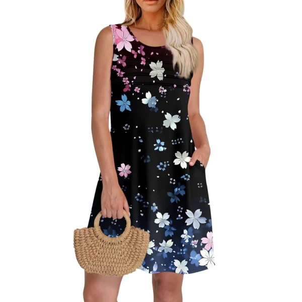 Women Summer Dresses CrewNeck Pleated Front Tank Sleeveless Pockets Sundress - Image 6