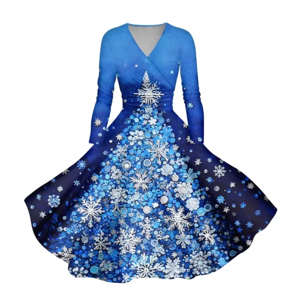 Women's Casual V-Neck Slim Fashion Christmas Long Sleeve Printed Dresses - Image 8