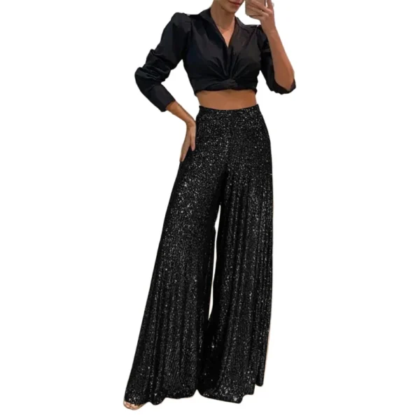 Women's Fashion Casual High Waist Thin Trousers Solid Colour Sequin Wide Leg - Image 2
