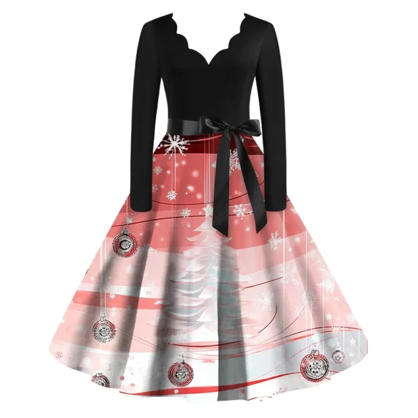 Women's Casual V-Neck Christmas Printed Fashion Long Sleeve Slim Dresses - Image 3