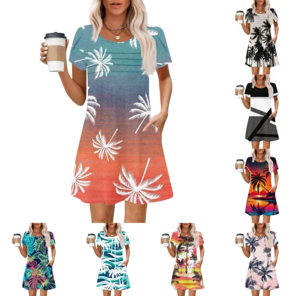Women's Summer Casual Petal Slim Stripe Pleated Solid Color Dresses