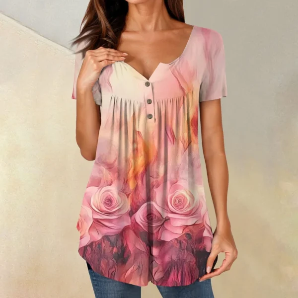 Women Tunic Tops Dressy Casual Summer Short Sleeve Shirts Loose Fit Pleated - Image 43