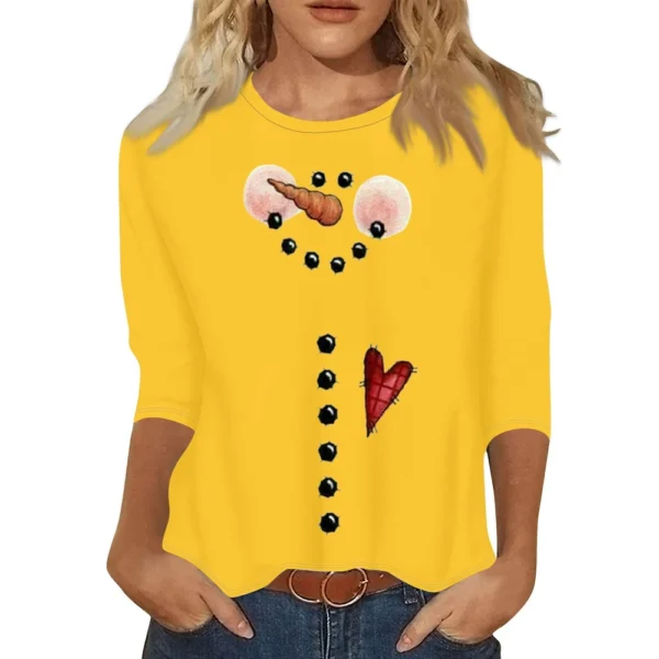 Ladies Casual Christmas Printed Top Round Neck 3/4 Sleeve Loose Women's T-Shirt - Image 4