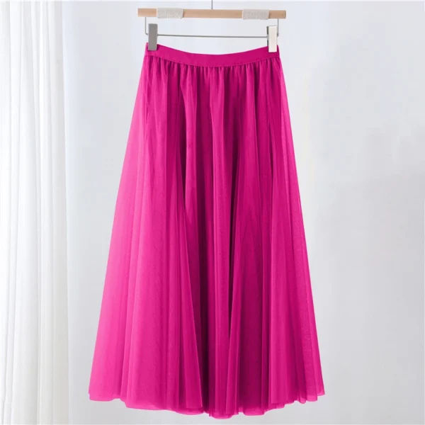 Women's Solid Color Mesh Skirt With Elastic Band Large Swing Mid Length Skirt - Image 25