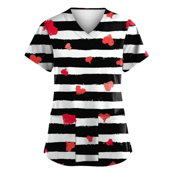 Women's Valentine's Day Printed  Uniform Work Uniform V-Neck Pocket Protective - Image 16