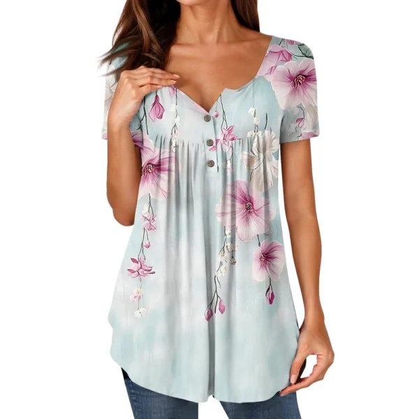 Women Tunic Tops Dressy Casual Summer Short Sleeve Shirts Loose Fit Pleated - Image 7
