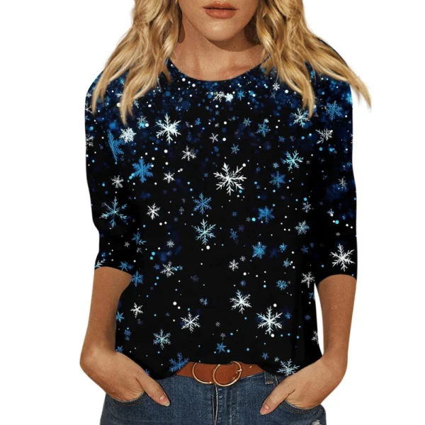 Ladies Loose Casual Round Neck T-Shirt Printed 3/4 Sleeve Christmas Women's Top - Image 8