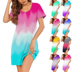 Womens Summer Dresses Short Sleeve Linen Casual T-Shirt Dresses Swing Beach