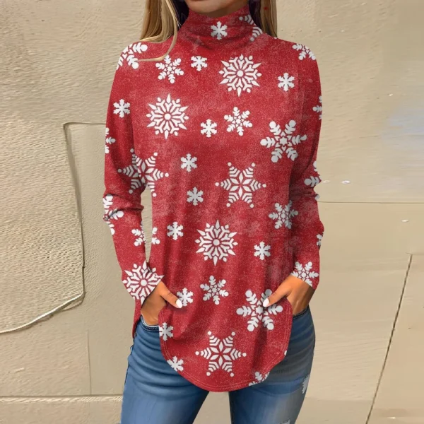 Women's Casual Christmas High Neck Pullover Long Sleeve Printed Fashion T-Shirt - Image 28