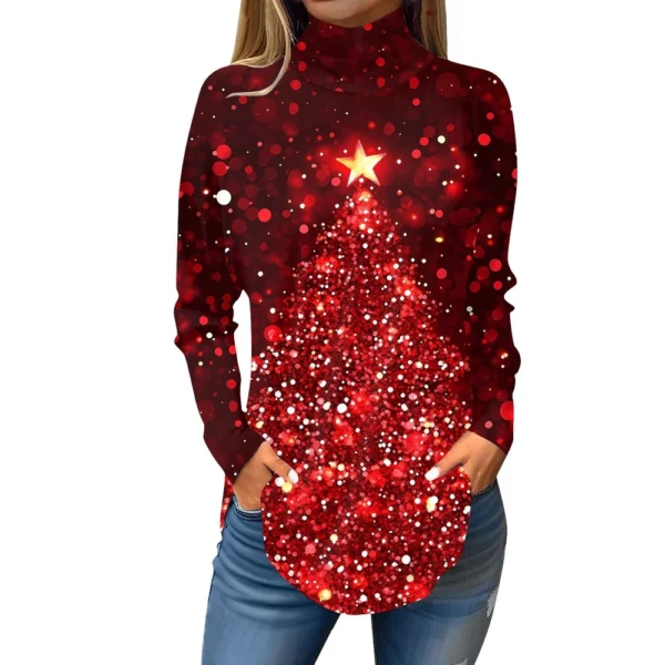 Women's Casual Christmas High Neck Pullover Long Sleeve Fashion Printed T-Shirt - Image 5