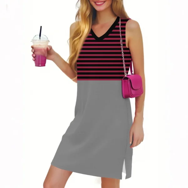 Women's Casual Fashion Sexy V-neck Sleeveless Striped Hem Slit Dress - Image 3