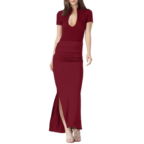 Women's Deep V-Neck Short-Sleeved Solid Color Pleated Long Dress - Image 19