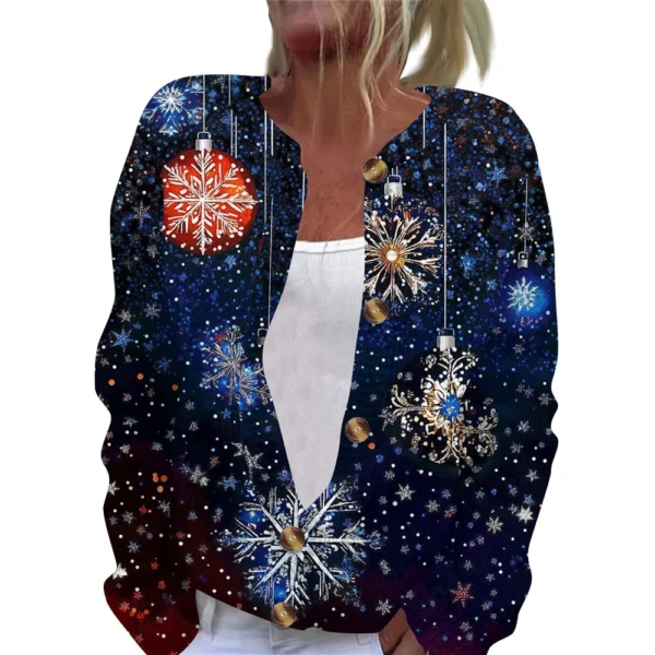 Women's Fashion Christmas Printed Long Sleeve Knitted Cardigan Button Down - Image 5