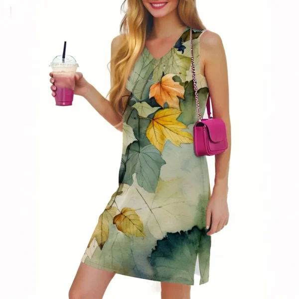 Women's Casual Fashion Sexy V-neck Sleeveless Floral Hem Slit Dress - Image 29