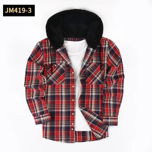 Thick long-sleeved hooded plaid shirt for men loose - Image 19