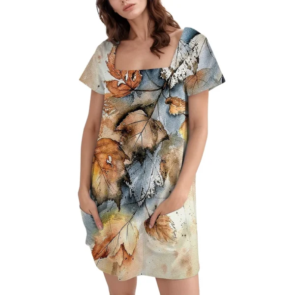 Women's Square Collar Short Sleeve Fashion Skirt Floral Print Pocket Casual - Image 16