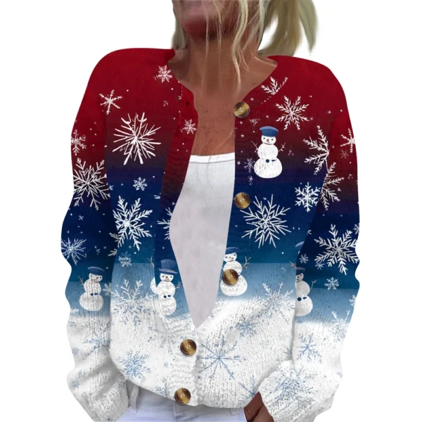Women's Fashion Christmas Printed Long Sleeve Knitted Cardigan Button Down - Image 13