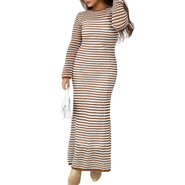 Women's Casual Striped Long Sleeved Sweater Dress, Mid Length Dress, Slim Fit - Image 5