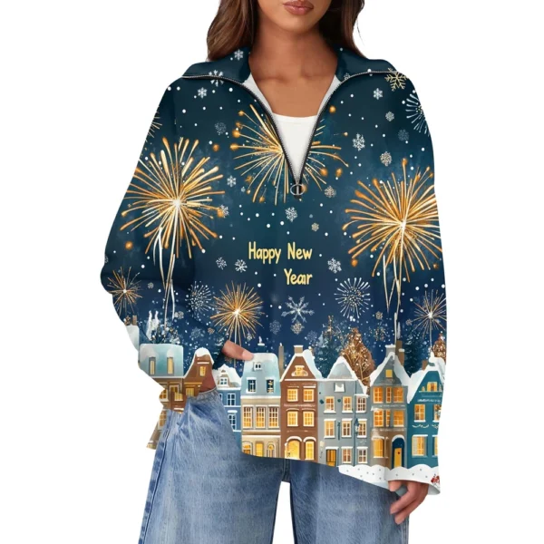 Women's Casual Half Zipper Lapel Christmas Printed Pullover Top Side Slit - Image 6