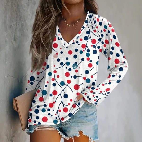Women's Comfortable V-Neck Casual Long Sleeved Top Christmas Printed T-Shirt - Image 28