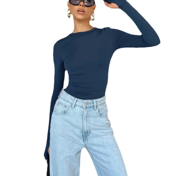 Women's Solid Color Crew Neck Bottom Shirt Long Sleeve Top Women's - Image 5