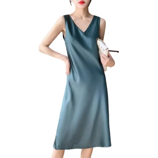 Women's Dress Satin Long Knee Length Summer Large Size Solid Color V-Neck Skirt - Image 26