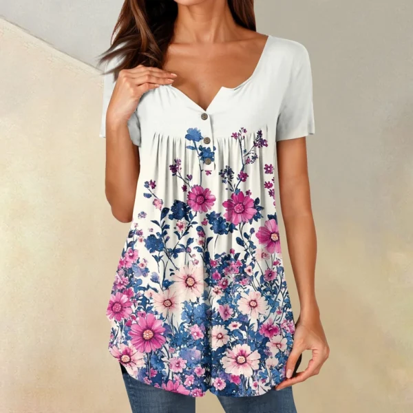 Women Tunic Tops Dressy Casual Summer Short Sleeve Shirts Loose Fit Pleated - Image 28