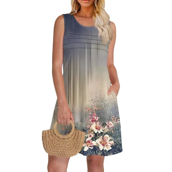 Women Summer Dresses CrewNeck Pleated Front Tank Sleeveless Pockets Sundress - Image 4
