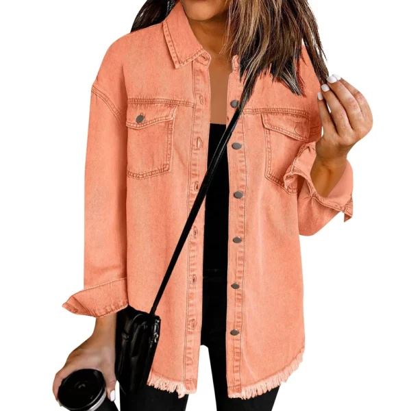 Women's Fashion Denim Shirt Jacket Milled Hem Button Casual Long Sleeve Jacket - Image 38