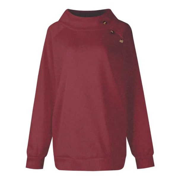 Women's Fashion Casual Solid Color High-neck Button Loose Long-sleeved Hoodie - Image 9