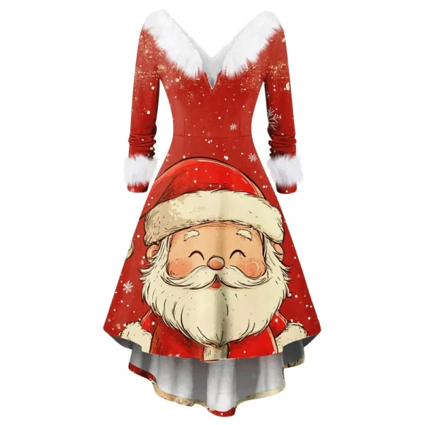Women's Fashion V-neck Casual Fit Christmas Print Party Long Sleeve Dress - Image 4