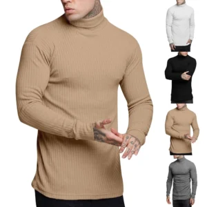 Men's Winter Solid Color Striped Casual Tops Long Sleeve Round Neck Sweatshirt