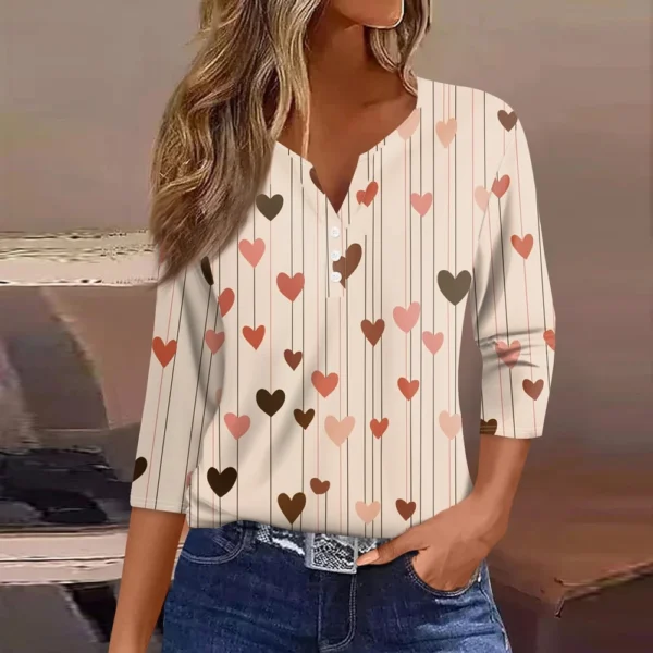 Women's T Shirt Tee Valentine's Day Print Button 3/4 Sleeve Daily Weekend - Image 22