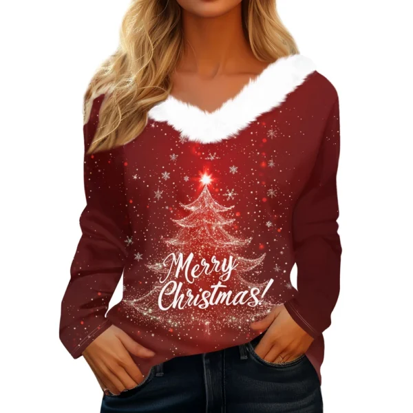 Women's Christmas Shirt Long Sleeve Top Fleece Collar Party V Neck T Shirt - Image 5