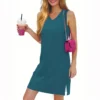 Women's Casual Fashion Sexy V-neck Sleeveless Solid Color Hem Slit Dress - Image 20