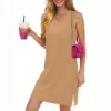 Women's Casual Fashion Sexy V-neck Sleeveless Solid Color Hem Slit Dress - Image 28