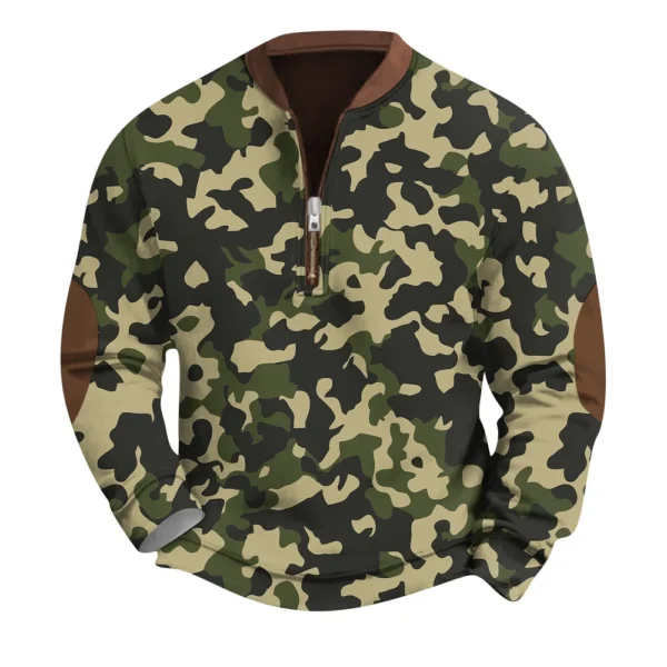 Men's Fashion Casual Half Zip Neck Loose Long Sleeve Camouflage Sweatshirt - Image 5