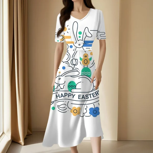 Ladies Casual Fashion Gradient Print V-Neck Short Sleeve Waist Long Swing Dress - Image 16