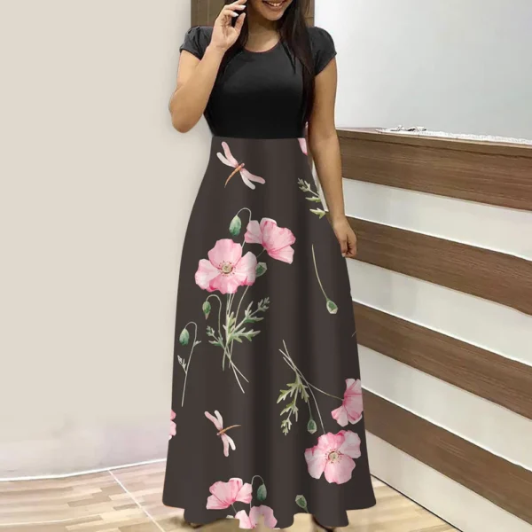 Women's Fashion Casual Loose Printed Round Neck Short Sleeve Long Dresses - Image 19