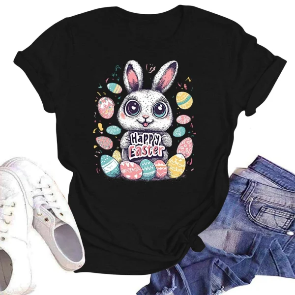 Happy Easter Women's Fashion Printed Round Neck Short Sleeve T-Shirt Pullover - Image 16