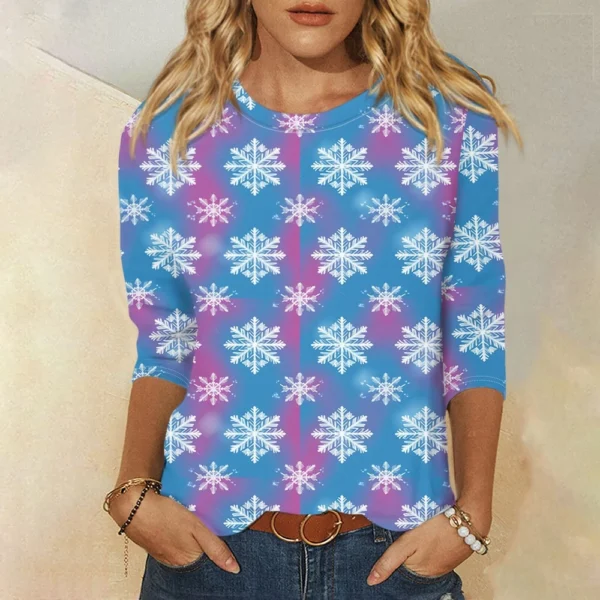 Ladies Loose Printed Casual T-Shirt Round Neck 3/4 Sleeve Christmas Women's Top - Image 16